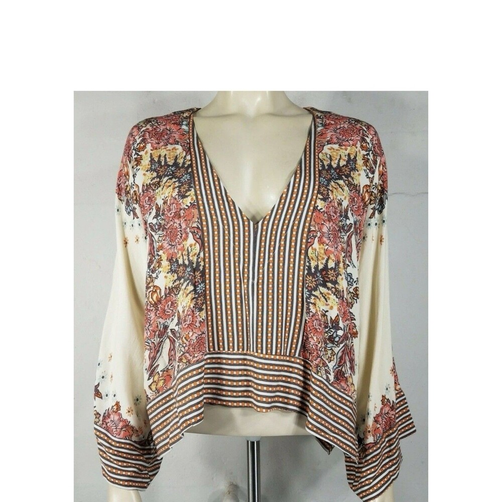 Free People Mix and Match Ivory Striped Floral V-neck Cropped Blouse Top XS